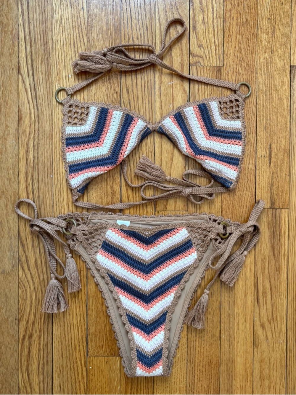 Aerie NWT Crochet Stripe String Bikini Set Triangle Top Cheeky Bottoms Two Piece